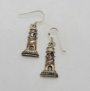 Sterling Silver Lighthouse Dangle Earrings 3D Nautical Coastal Charm 925 Vintage